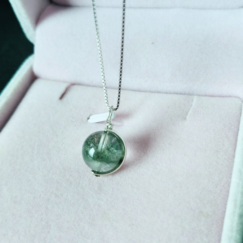天然绿幽灵d锁骨链女款绿色水晶项纯银925链圆珠吊坠招财简约新品