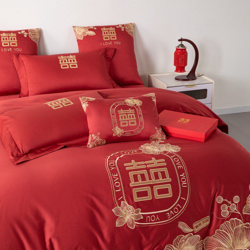 轻奢高档红色e婚庆四件套全棉纯棉120支长绒棉床单被罩婚嫁结婚1.