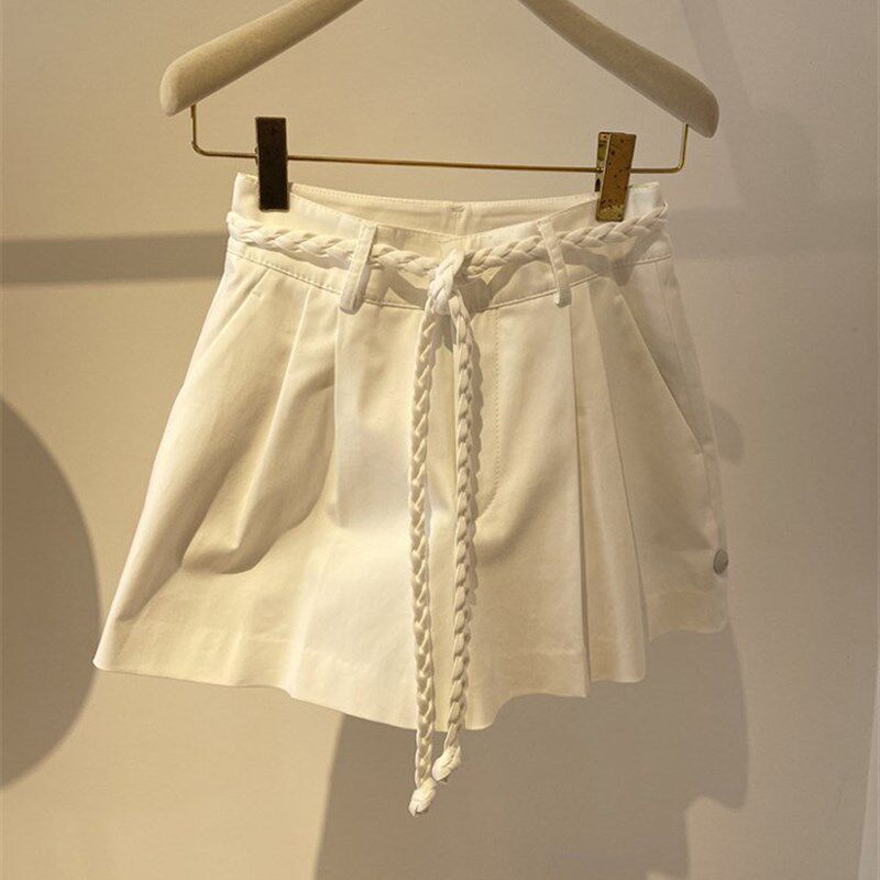 法式小众2022夏季新款个性编织腰带白色短裤女阔腿百搭A字休闲裤,女装/女士精品,时尚防晒服,淘宝优惠券,粉丝福利购,淘宝优惠卷