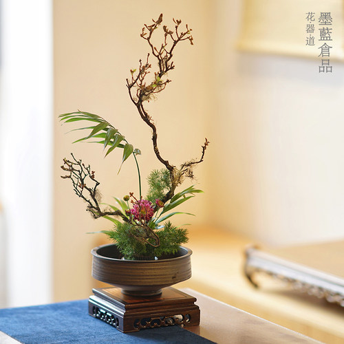 鎏金高脚碗型花器中式日式茶空间茶席桌面插花器皿 民宿客厅摆件