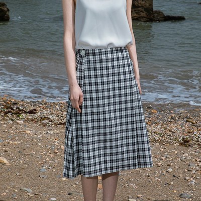 团长家2025春夏高端真丝棉英伦复古风黑白格纹中长款裹裙半裙女