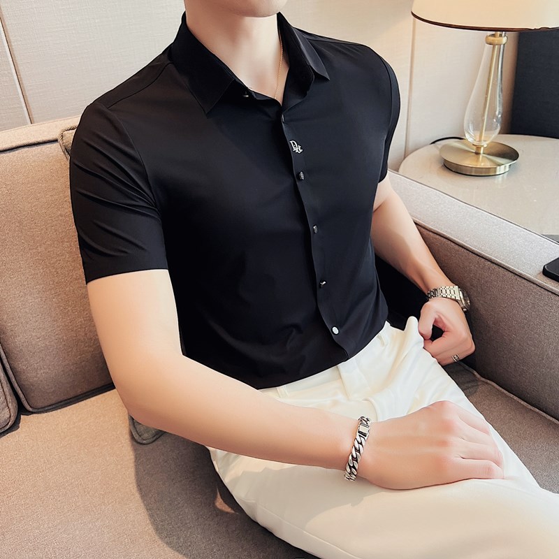 细条纹衬衫男士短袖潮牌免烫抗皱衬衣半袖K薄款高弹力修身坠感寸