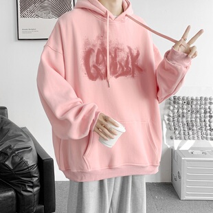 藕粉色纯棉600g重磅卫衣男硬挺美式校园情N侣连帽衫小众高街外套