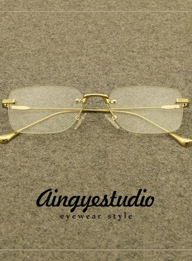 纯欲网红无框眼镜女方形复古金边眼睛架无边框平光镜小框素颜神器