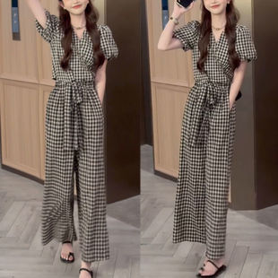格子短袖上衣阔腿裤子休闲两件套2025夏季新款小个子复古显瘦套装