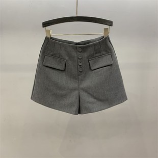 高腰宽松显瘦休闲a字阔腿热裤 女2025春夏新款 短裤 灰色四粒扣西装