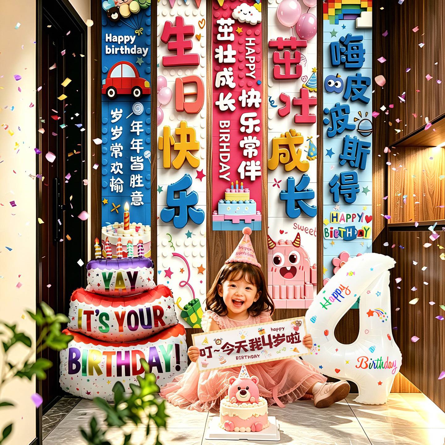 儿童生日派对装饰品道具数字气球女孩酒店周岁背景墙布置条幅挂布