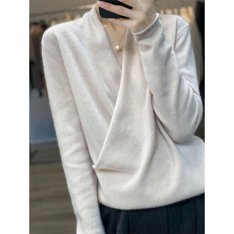 【刘雯同款】新款裹胸100纯羊毛衫女时尚v领宽松羊绒毛衣秋冬洋气