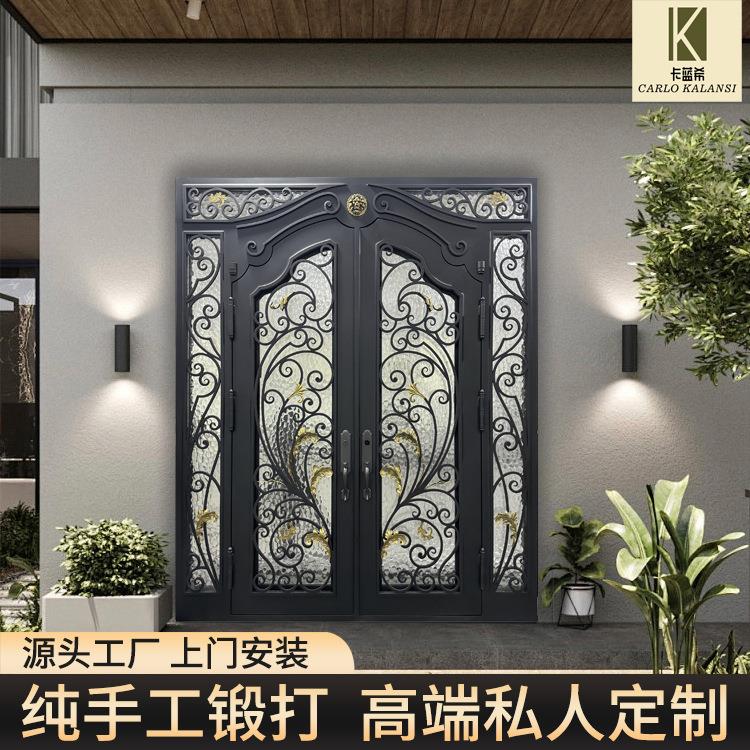 铁艺入户门自建房四开玻璃进户门别墅大门手工锻打密码门防盗门