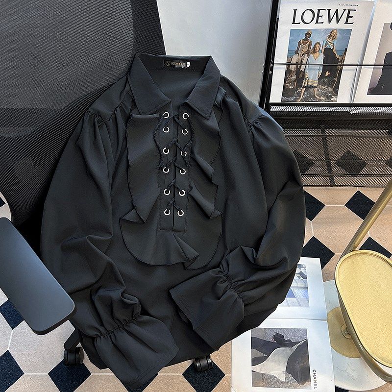 设计感荷叶边抽绳复古袖口男装小众欧美风宫廷长袖衬衫个性衬衣潮,男装,衬衫,淘宝优惠券,粉丝福利购,淘宝优惠卷