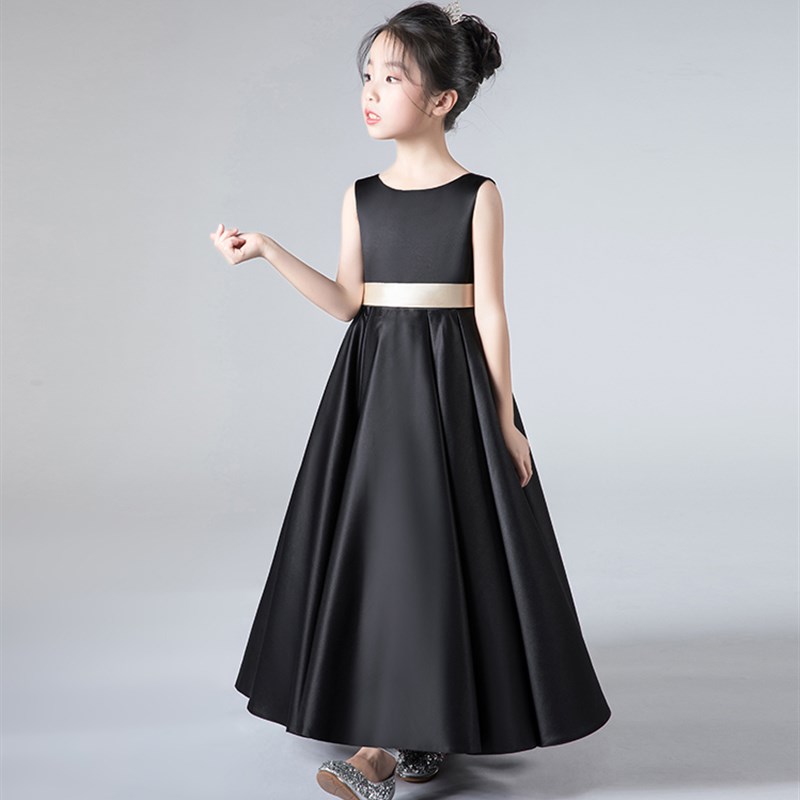 包邮黑色女大童小提琴演奏公主裙儿童钢琴主持人乐团演出晚礼服冬