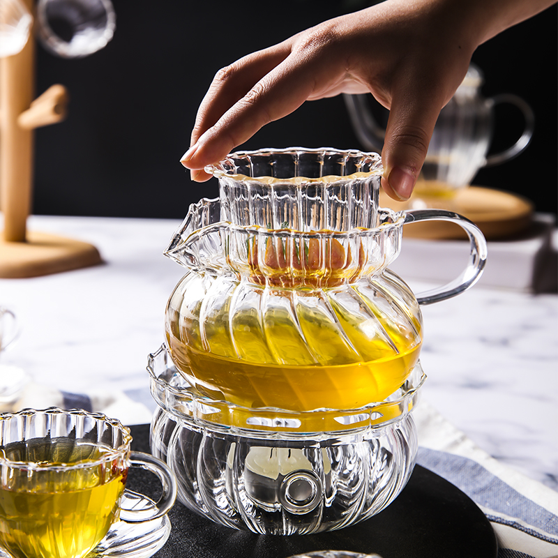北欧耐热条纹玻璃花茶壶套装蜡烛加热花草茶具养生煮泡水果花茶壶