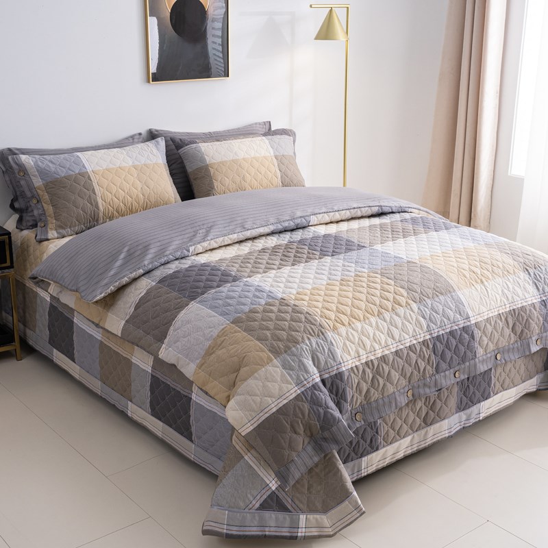 秋冬加厚夹棉四件套全棉纯棉斜纹绗缝被套高档格子轻奢风床盖床笠