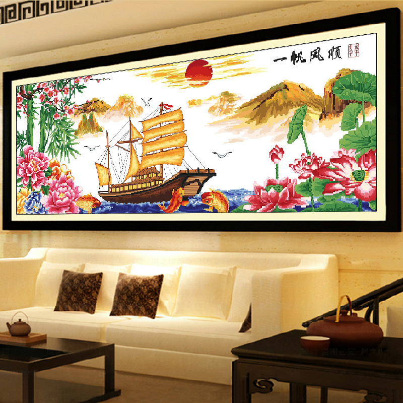 绣好的纯手工十字绣成品一帆风顺五福临门版2米机绣牡丹帆船客厅