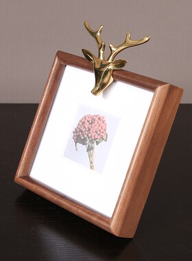 创意黑胡桃木铜鹿相框摆件画框照片摆台家居客厅样板间桌面装饰品