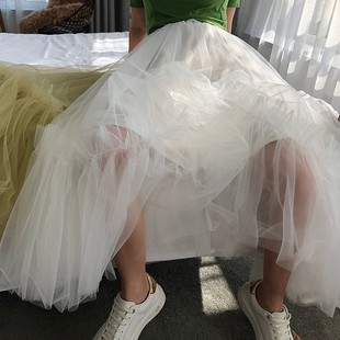 网纱裙女半身裙春夏矮个子2021高腰网纱蓬蓬裙长款 大摆白色荷叶边