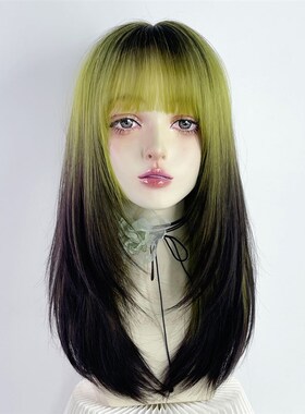 荧光绿色假发挑染全头套女y2k爆顶染亚文化双色渐变lolita长直发