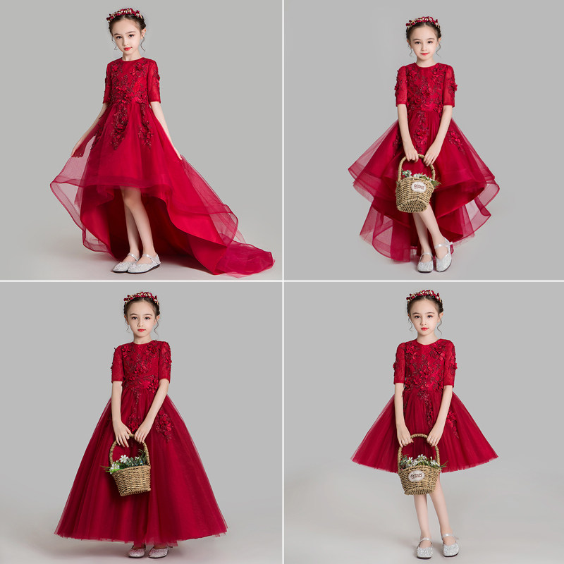 儿童晚礼服公主裙蓬蓬纱女童婚纱拖尾小孩花童模特走秀钢琴演出服