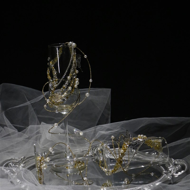 金色敬酒杯创意香槟杯碎钻珍珠婚礼酒杯新婚礼物送闺蜜diy材料包图片