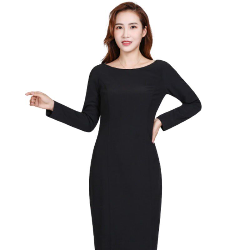 2024秋冬新款直筒修身包臀长袖弹力黑色麂皮绒加厚大码女装连衣裙