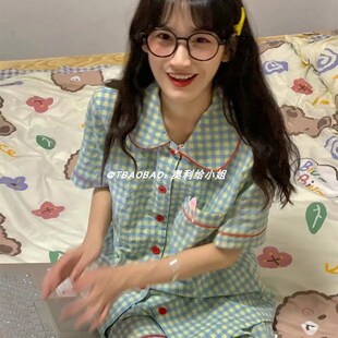 短裤 学生甜美小个子家居服套装 格子睡衣女夏季 2024年新款 薄款 短袖