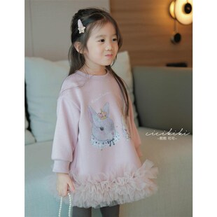 女童卫衣鱼尾裙24年秋中大儿童小女孩中长款网纱洋气连衣裙公主裙