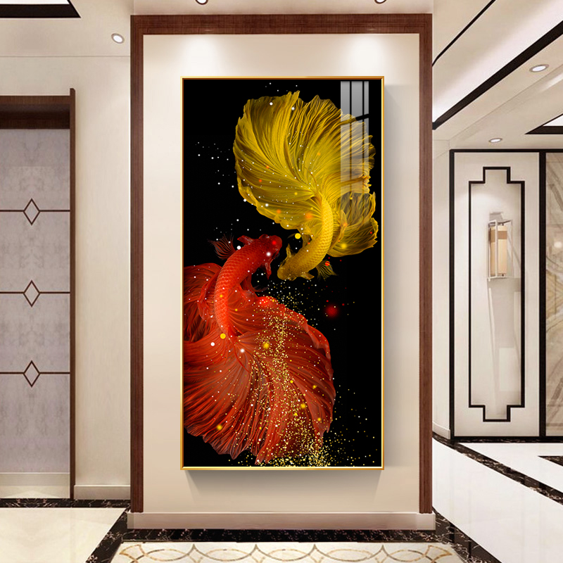 九鱼聚财玄关走廊过道装饰画竖版入门客厅锦鲤挂画晶瓷镶钻大气图片