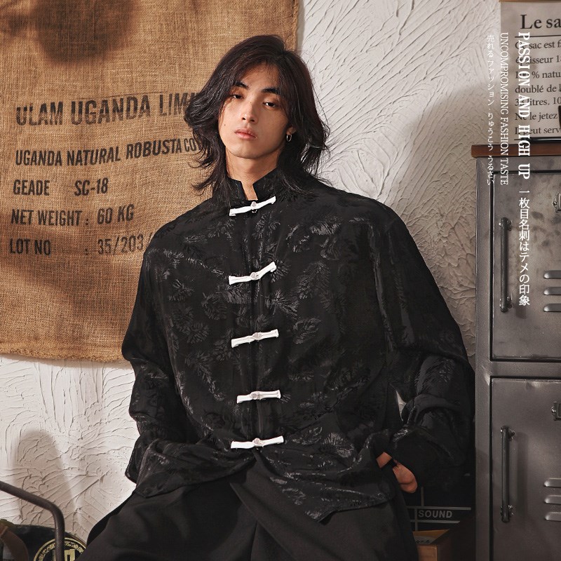 国潮新中式长袖衬衫男复古盘扣丝绸缎垂坠感中山装唐装中国风外套