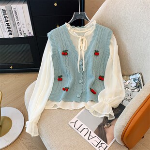 女大童针织马甲衬衫两件套装秋冬款初中生女孩甜美小清新开衫毛衣