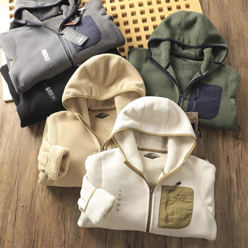 出口订单!蓄热摇粒绒秋冬男女情侣休闲加绒加厚保暖连帽夹克外套