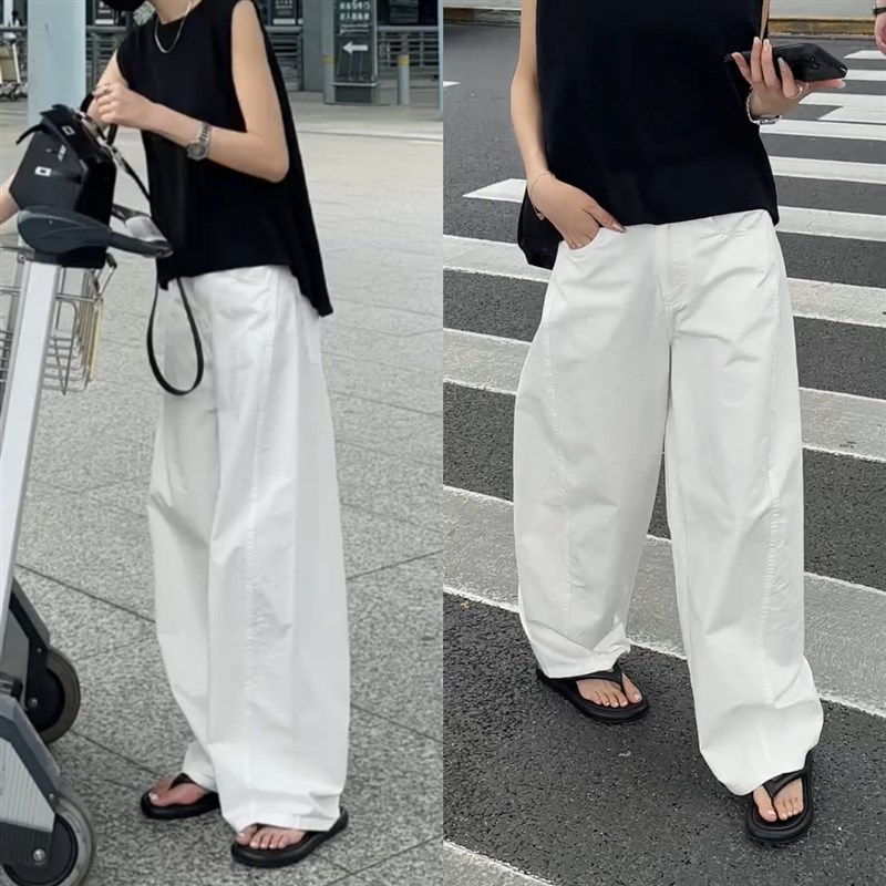 白色弯刀休闲裤女秋季常规2024年阔腿裤高腰宽松显瘦窄版香蕉裤