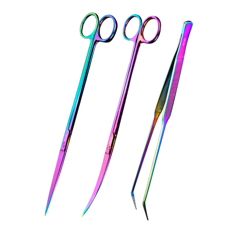 尼特利水族专业水草镊弹簧炫彩直弯夹镊子波浪不锈钢工具剪刀新款