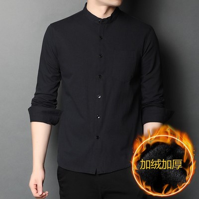 男士加绒衬衫男长袖秋冬季纯棉立领改良中山装无领中国风保暖衬衣