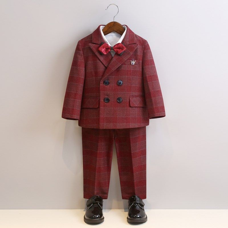 男童西装套装男宝宝周岁生日秋冬加绒婚礼花童礼服红色拜年小西服