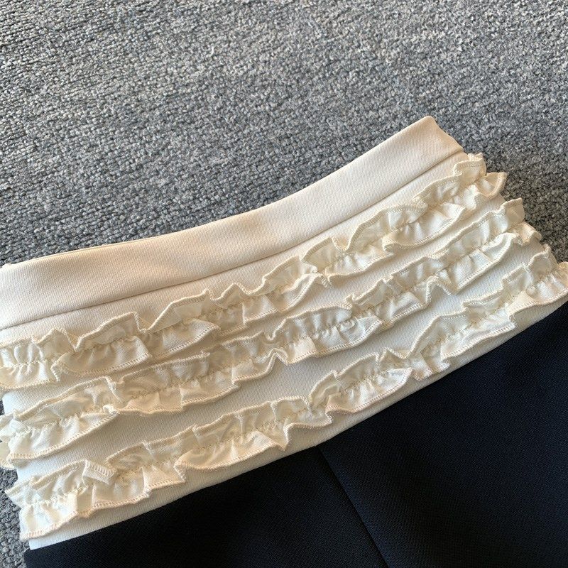 低腰微喇阔腿裤女秋冬季加绒高级感拼接褶皱花边西裤垂感黑色长裤