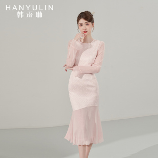 韩语琳春季长袖连衣裙女2025新款秋冬法式气质高级感粉色修身裙子