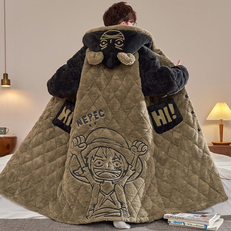 男士睡衣秋冬季珊瑚绒三层夹棉加厚加绒睡袍浴袍加肥加大码家居服