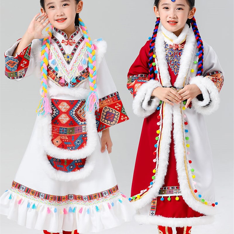 儿童藏族表演服少数民族舞蹈演出服蒙古藏袍西藏男女童走秀旅拍服