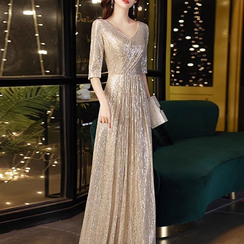 法式金色晚礼服女高级感轻奢小众宴会气质高端成人生日主持人礼服