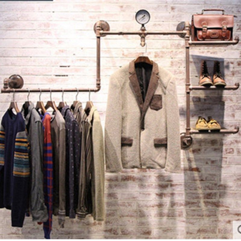 仿古做旧铁艺水管服装展示架壁挂实木板挂衣架鞋包货架陈列架包邮,商业/办公家具,服装展示架,淘宝优惠券,粉丝福利购,淘宝优惠卷