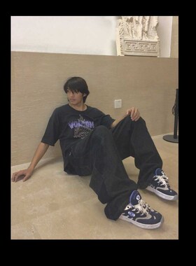 Mid9summer黑色拼接宽松直筒老爹滑板牛仔裤