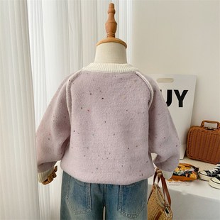 女童毛衣冬季2024新款加厚宝宝圆领针织衫外穿紫色加绒保暖内搭