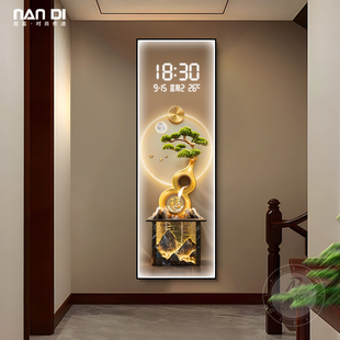 新中式玄关装饰画葫芦发财树电子屏时钟表壁画细长条客厅过道挂画