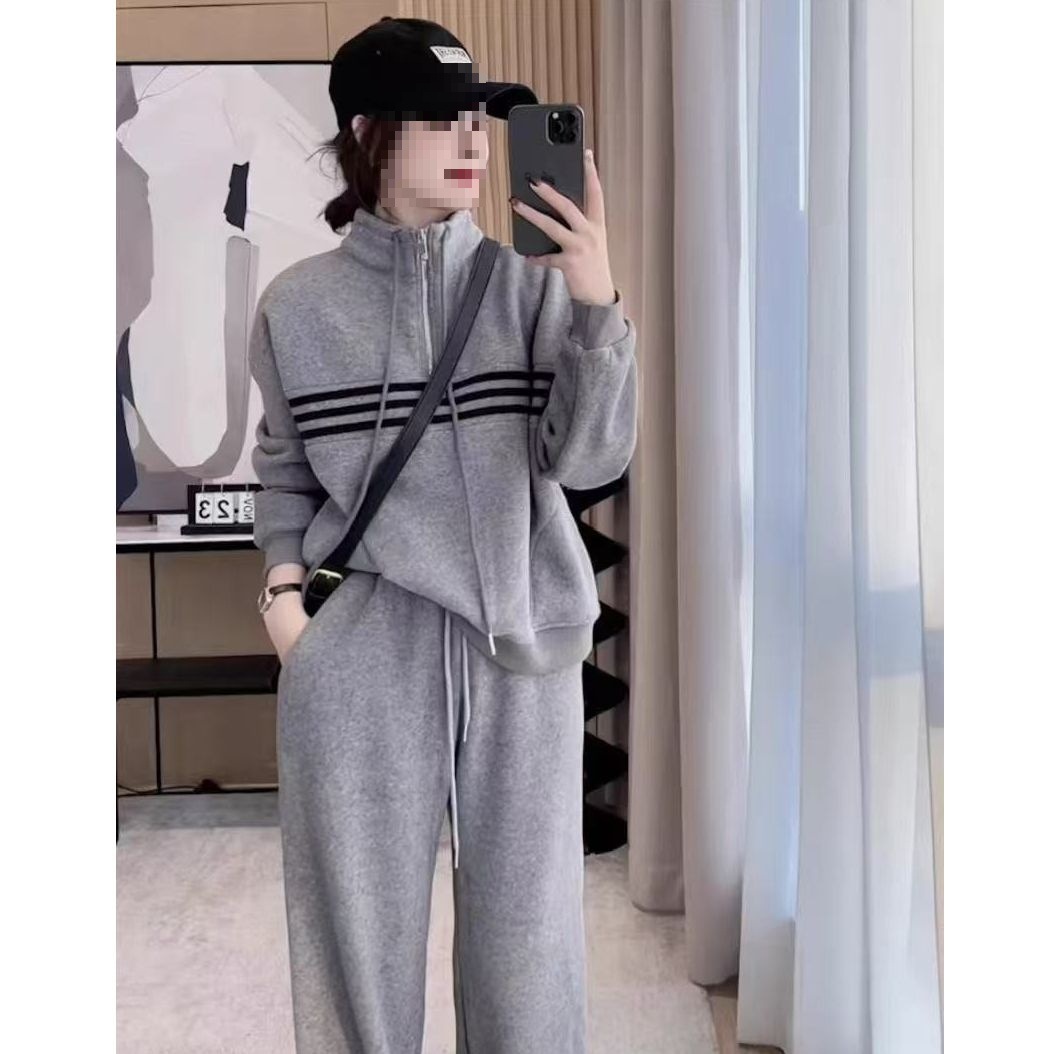 大码胖巨显瘦套装冬季新款减龄时尚卫衣女加绒加厚休闲裤两件套