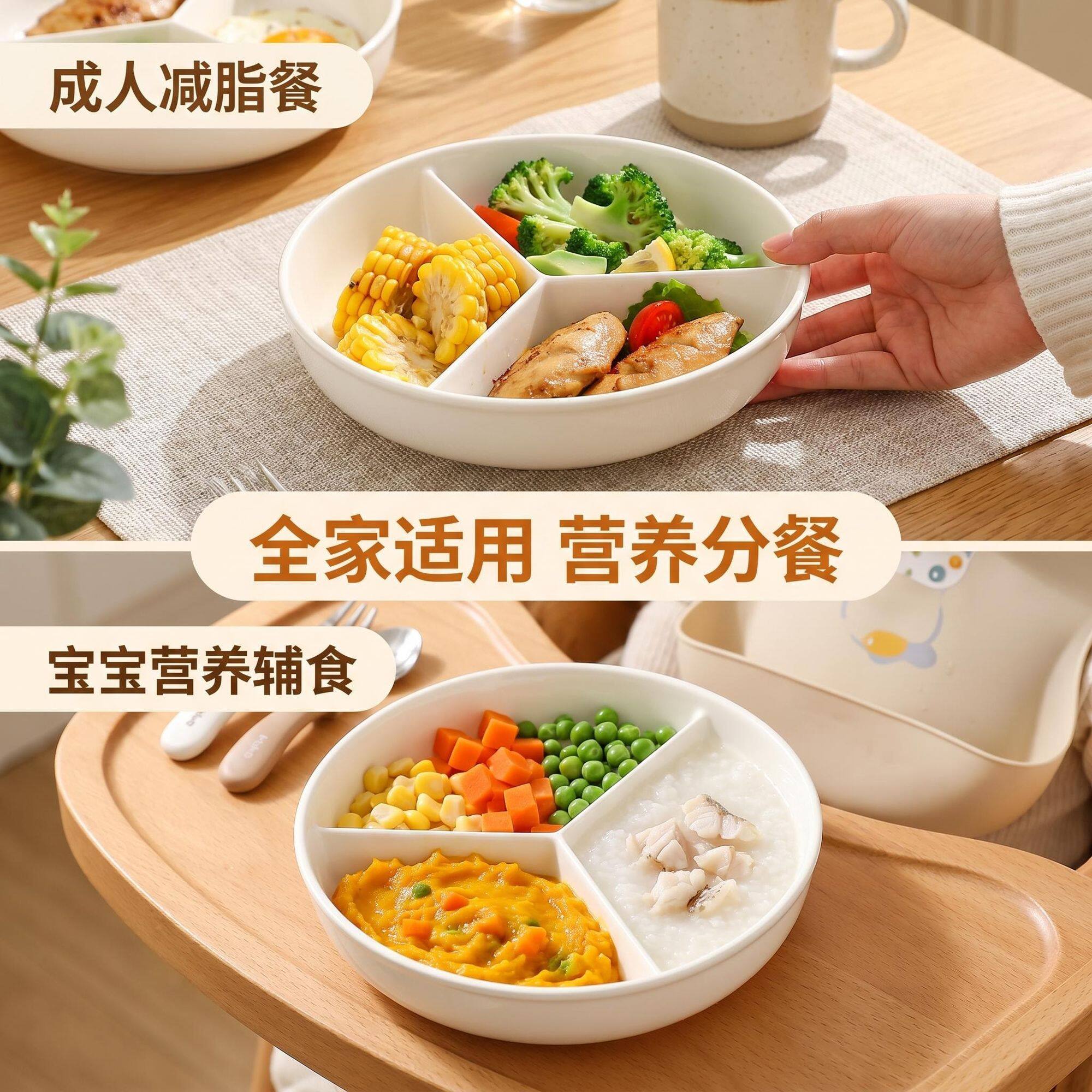 塑料分格餐盘圆形三格早餐减脂分餐盘宝宝辅食盘营养分餐全家适用