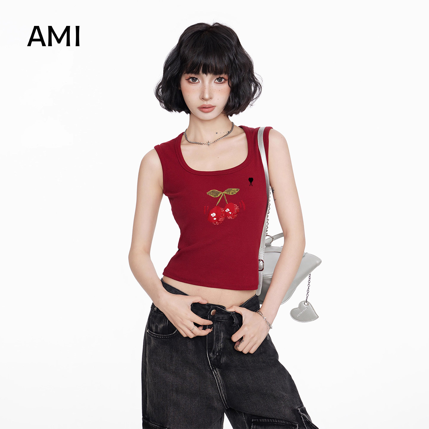AMI 2025美式红色方领工字背心吊带女冬外穿正品遮副乳无袖上衣