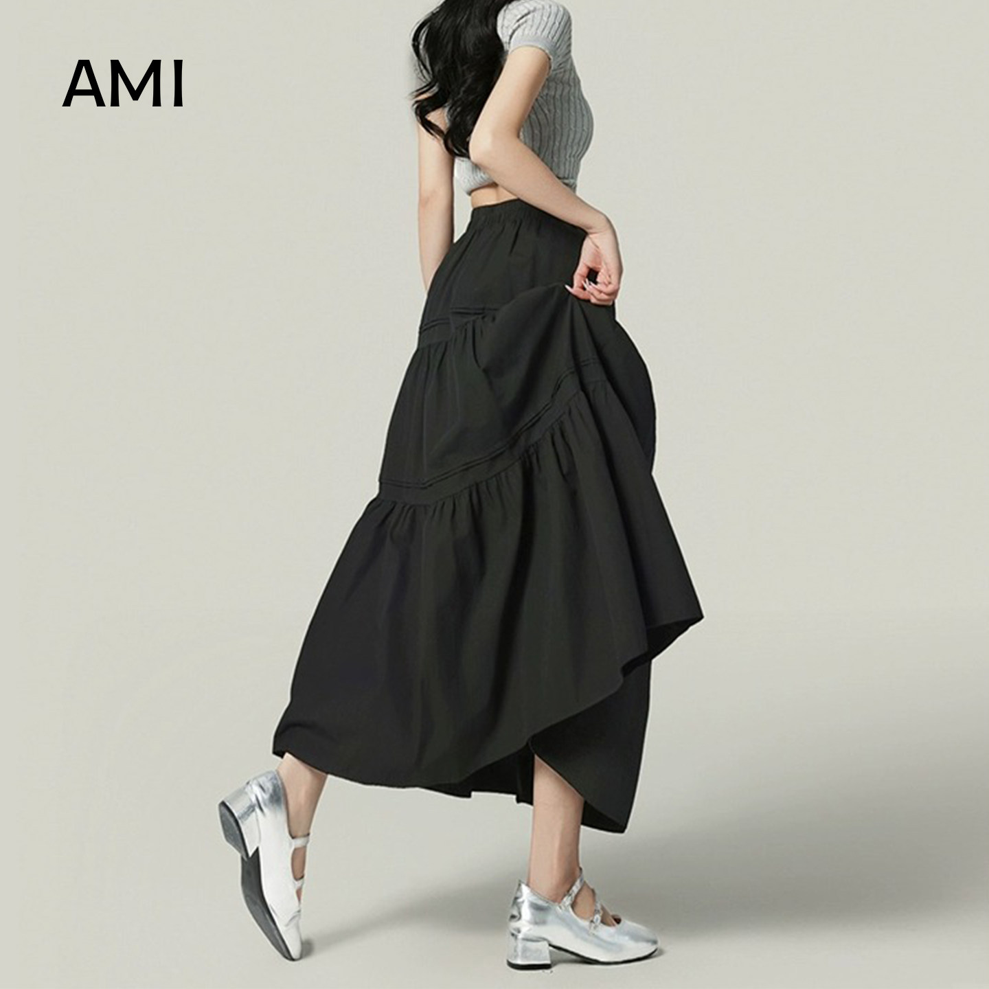 AMI官方 2026美式黑色A字半身裙女春季设计感正品高腰垂感大摆长