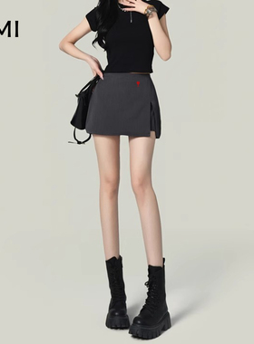 AMI美式灰色A字开叉西装半身裙子女正品高腰防走光包臀短裤裙