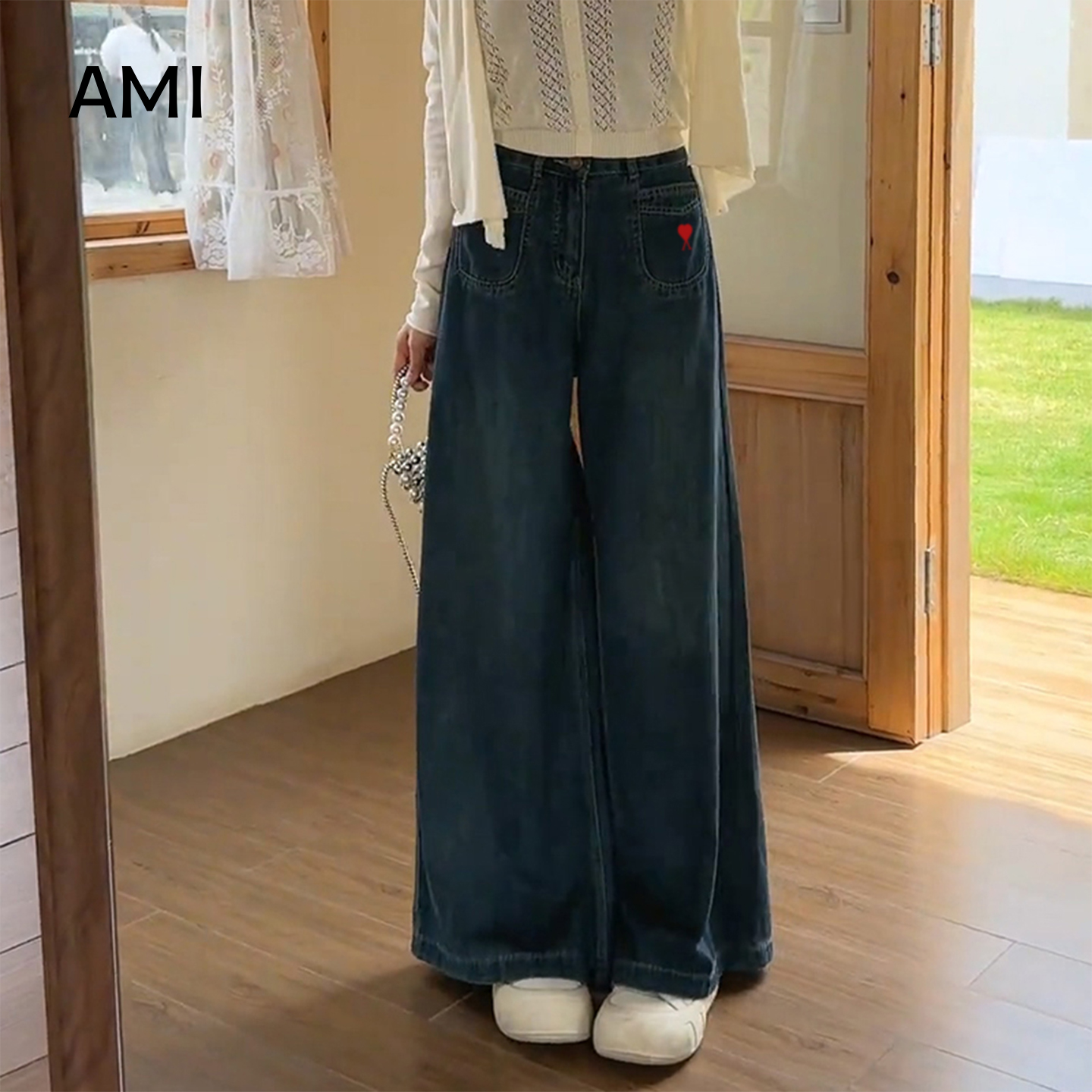 AMI美式高腰阔腿牛仔裤女小个子秋冬新款宽松加绒保暖慵懒风长裤