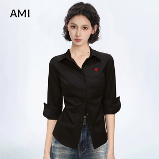 AMI官方美式黑色v领打底衫掐腰短袖衬衫女春季正品修身收腰设计感